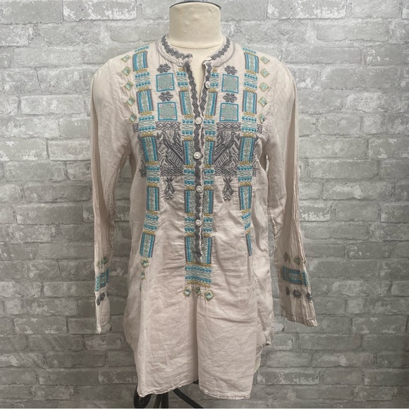 Johnny Was Biya Cream and Blue Mixed Print Long Sleeve Tunic - Picture 3 of 13